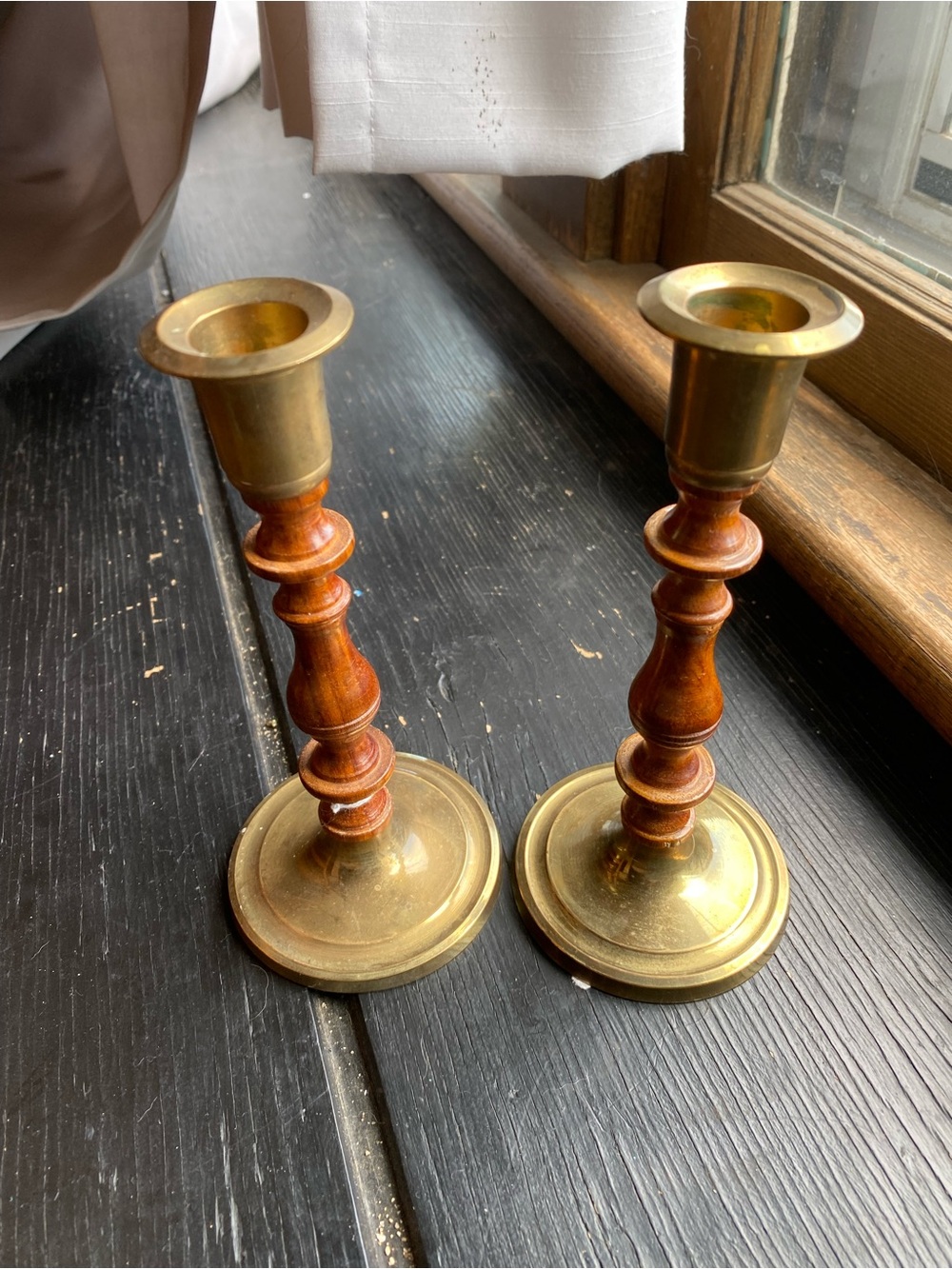 Brass and Wood Taper Candle Holders in Brown and Gold - Set of 2